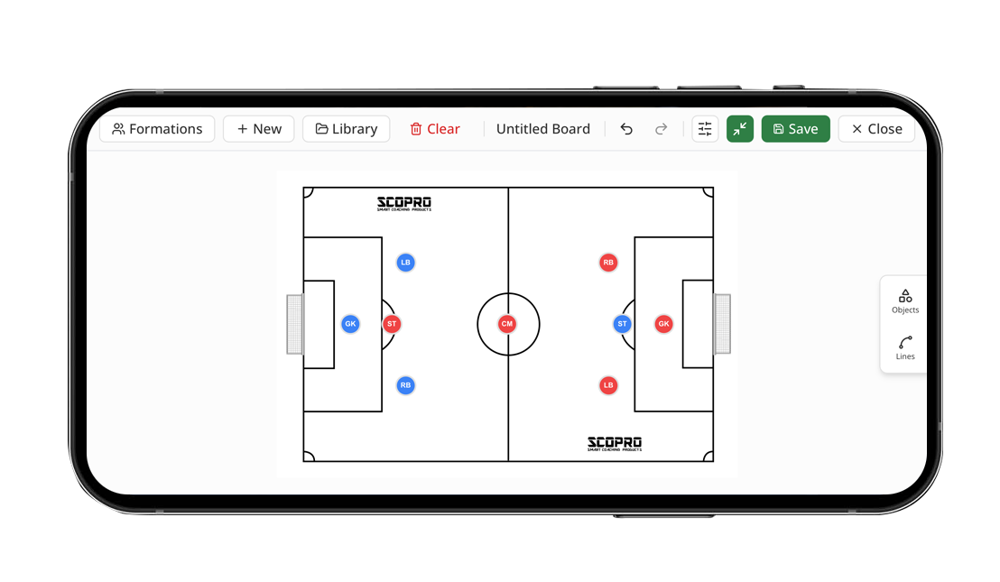 Digital tactic board on a phone in landscape, with two teams set in a formation