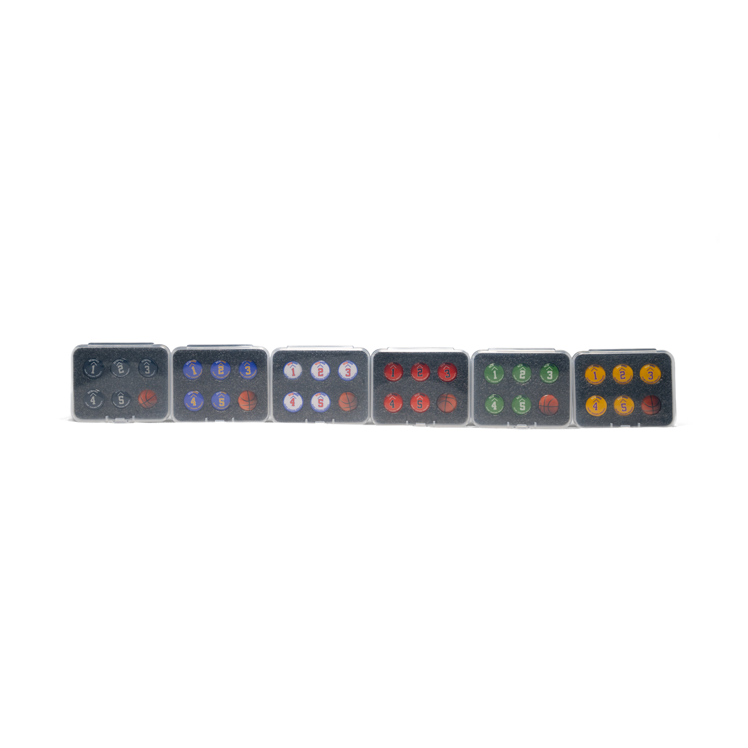 Scopro basketball magnet sets in six colors, .56 inch, numbered 1 to 5 plus ball