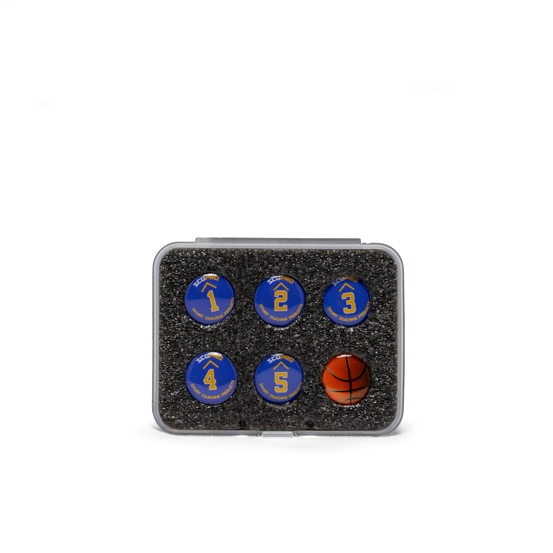 Blue .56 inch basketball board magnets by Scopro, numbered 1 to 5 plus ball