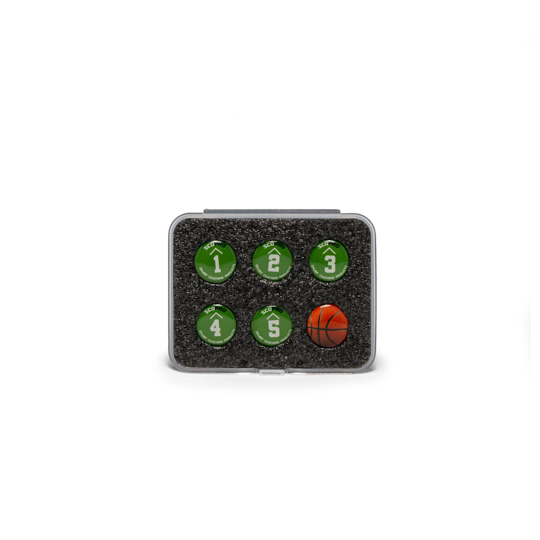Green .56 inch basketball board magnets by Scopro, numbered 1 to 5 plus ball