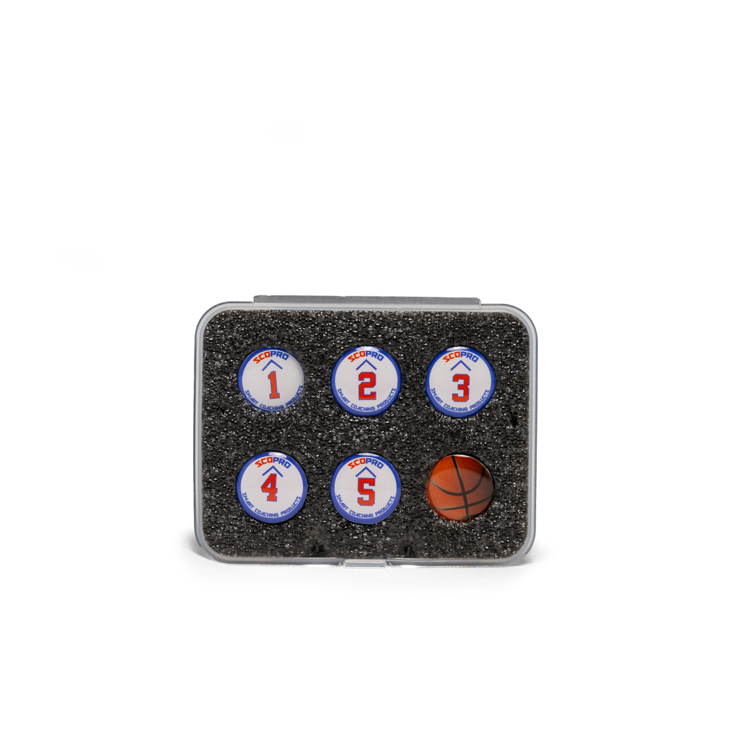 White .56 inch basketball board magnets by Scopro, numbered 1 to 5 plus ball