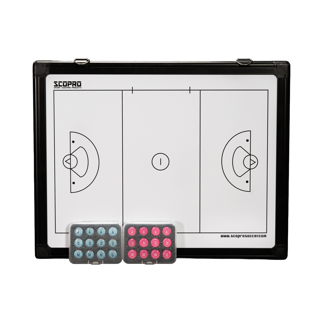 Scopro women's lacrosse board, full field side, with pink and light blue magnet sets