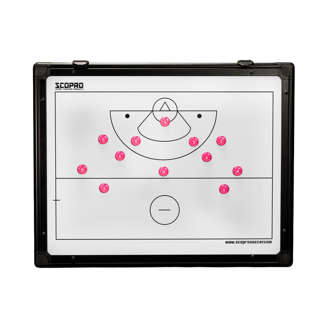 Pink magnets lined up on the half field side of the women's lacrosse board, board sold separately