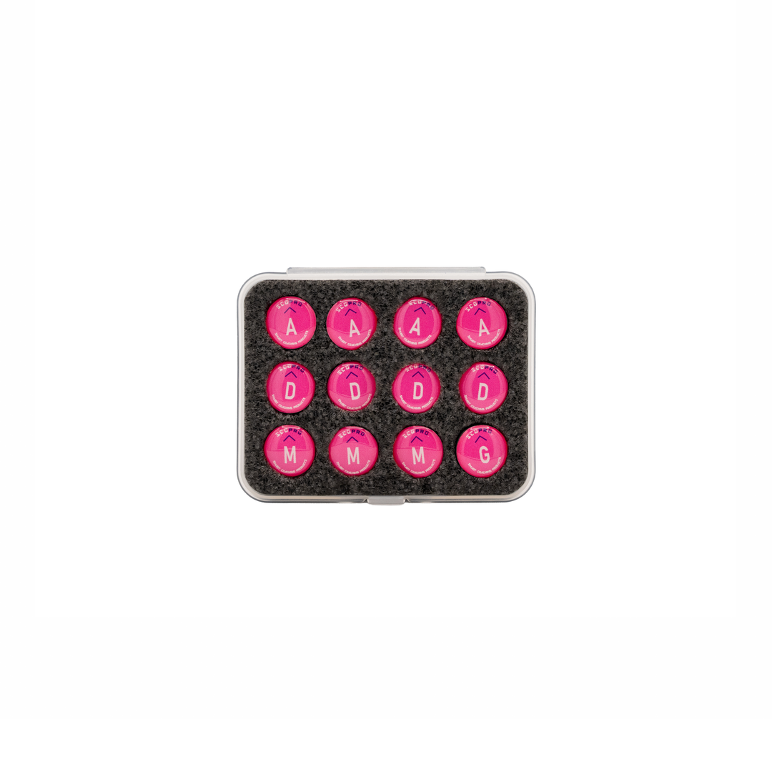 Pink women's lacrosse magnet set, 12 magnets: 4 Attack, 3 Midfield, 4 Defense, 1 Goalie